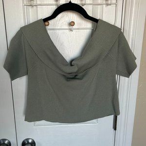 Express BODY CONTOUR RIBBED OFF THE SHOULDER CRISS CROSS SWEATER